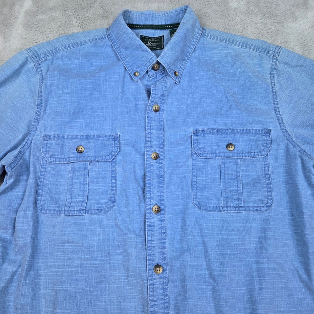 G.H. Bass Button Down Shirt Mens L Short Sleeve Slub Texture Two Pocket Blue Lg